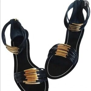 Tory Burch Black Leather Gold Tube Strappy Gladiator Sandals Flat Womens 10